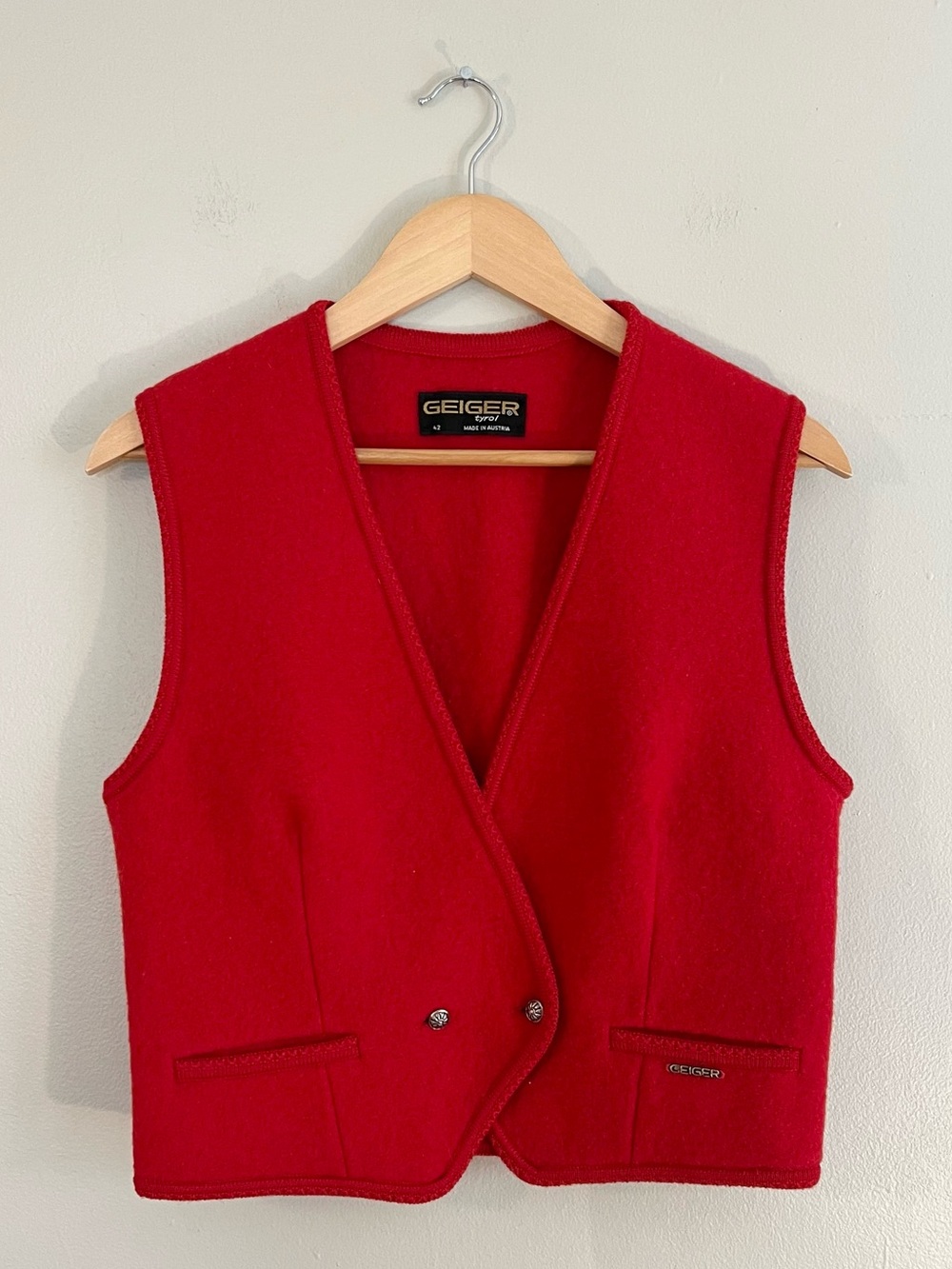 Vintage 1980’s Geiger red wool button vest Austrian ski cozy winter layer